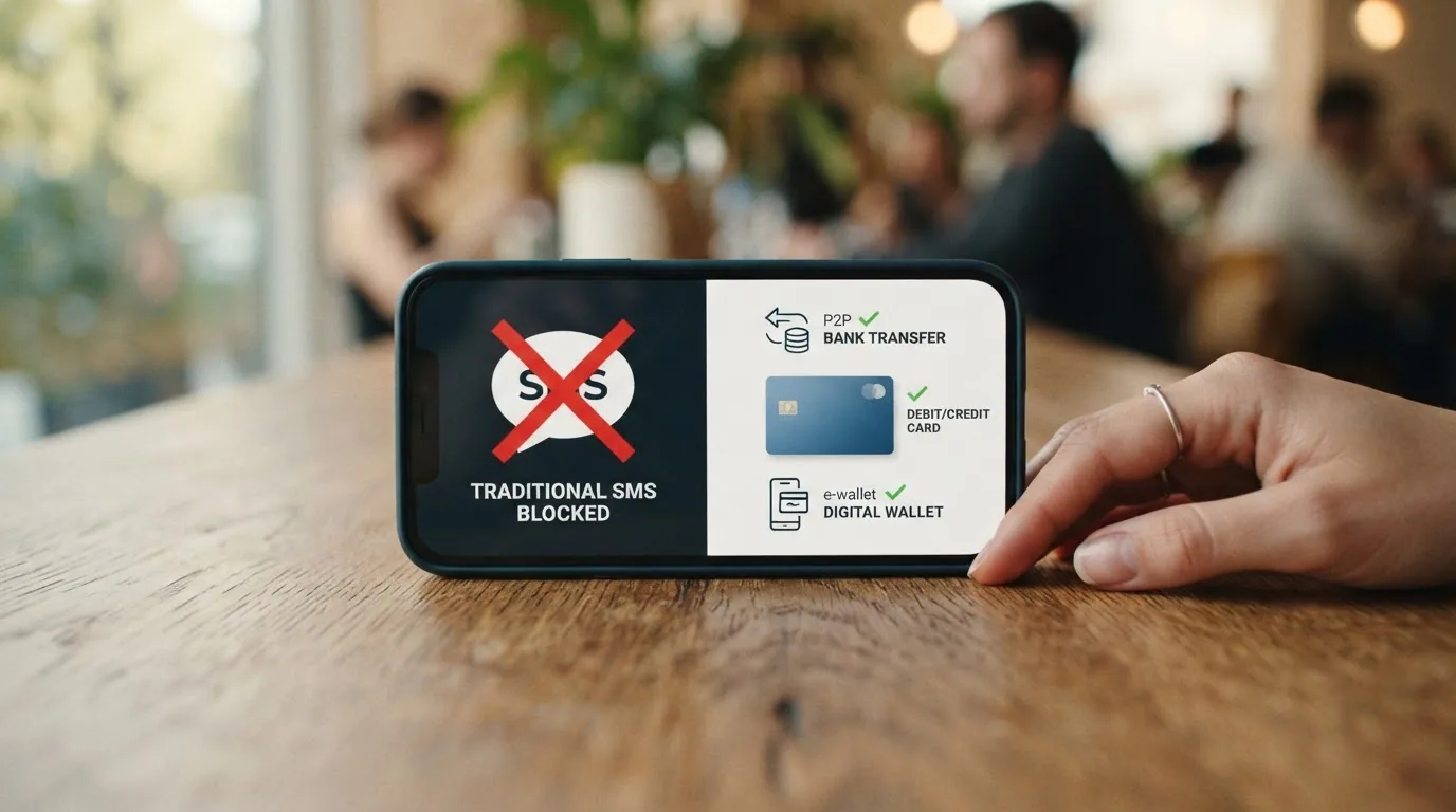 Un teléfono móvil con la pantalla dividida: a la izquierda el icono de SMS tachado, a la derecha los iconos de Bizum, tarjeta y monedero electrónico con un check verde