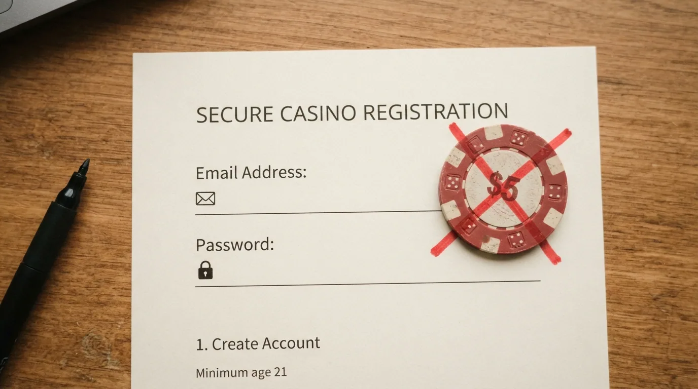 Un documento de identidad español tachado con una línea roja junto a un formulario de registro de casino donde solo se pide email y contraseña