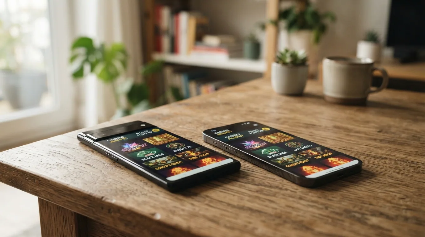 Dos telefonos uno al lado del otro, un Android y un iPhone, con la interfaz del lobby de un casino movil abierta en ambos