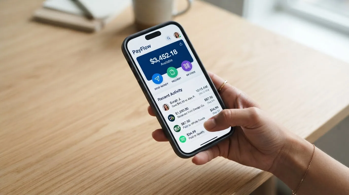 Teléfono móvil mostrando la pantalla principal de la app de MuchBetter con las funciones de enviar dinero, solicitar un pago y el historial de movimientos
