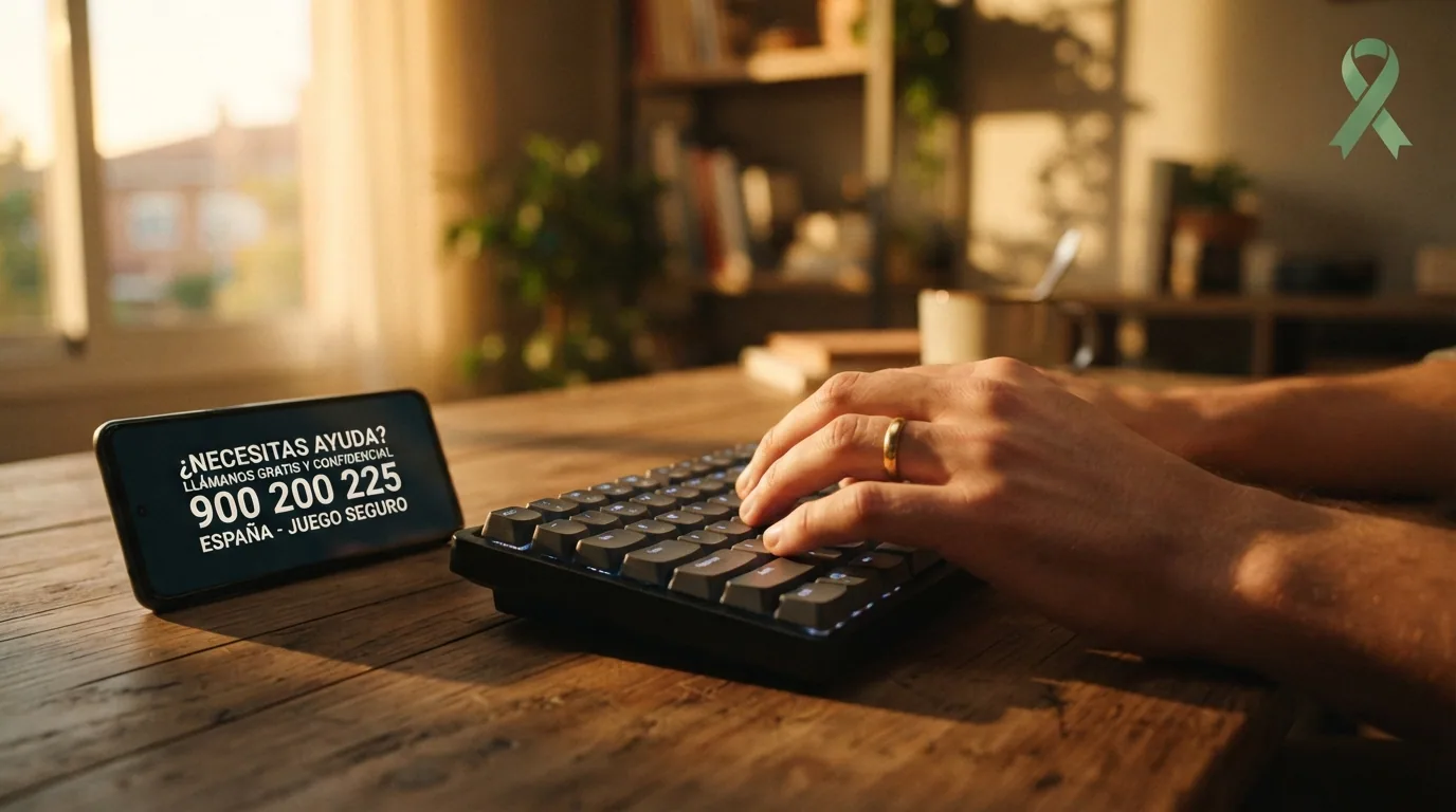 Una mano posada sobre un teclado junto a un teléfono móvil con el número 900 200 225 en pantalla y el logotipo de FEJAR visible en un segundo plano desenfocado