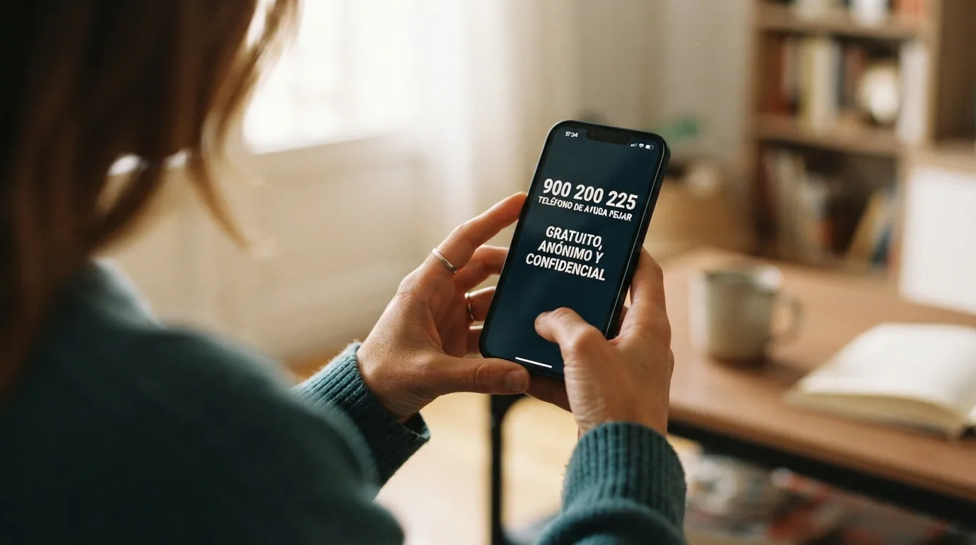 Teléfono de ayuda de FEJAR destacado sobre un fondo sobrio con el texto «900 200 225 — gratuito, anónimo y confidencial» y el logotipo de la federación