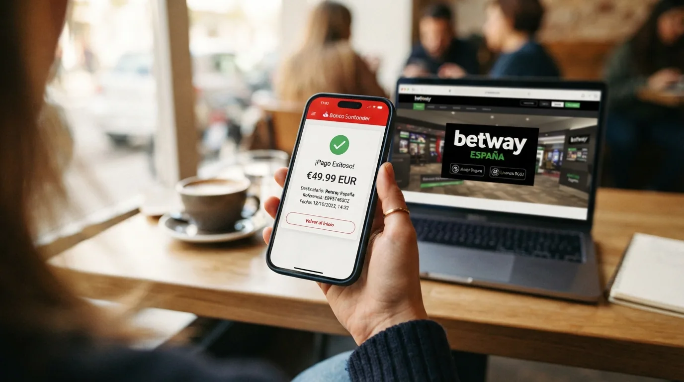 Mano sujetando un teléfono móvil con la pantalla de la app bancaria mostrando la confirmación de un Bizum enviado, con el logo de un casino online visible en la pantalla de fondo