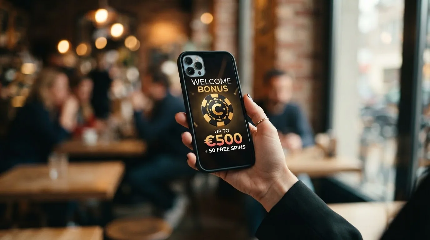 Una mano sosteniendo un iPhone con la pantalla de una oferta de bono de bienvenida en un casino online