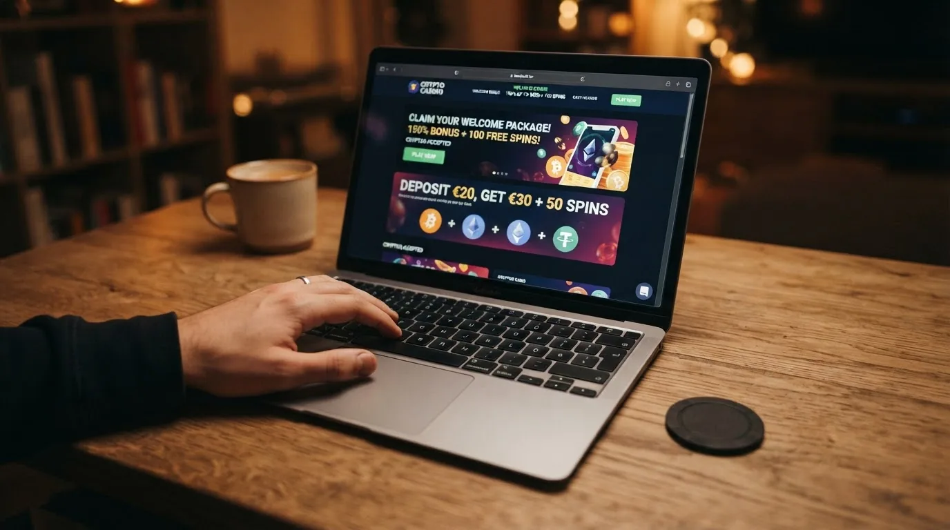 Página de promociones de un casino cripto donde se detallan los porcentajes de bonificación por depósito, los giros gratis incluidos y las condiciones en letra pequeña