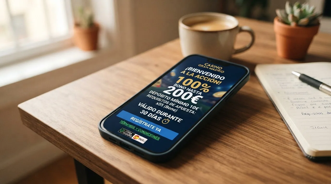 Pantalla promocional de bienvenida de un casino online español con el porcentaje de igualación, la cuantía máxima, el multiplicador de rollover y el plazo de validez visibles en la imagen
