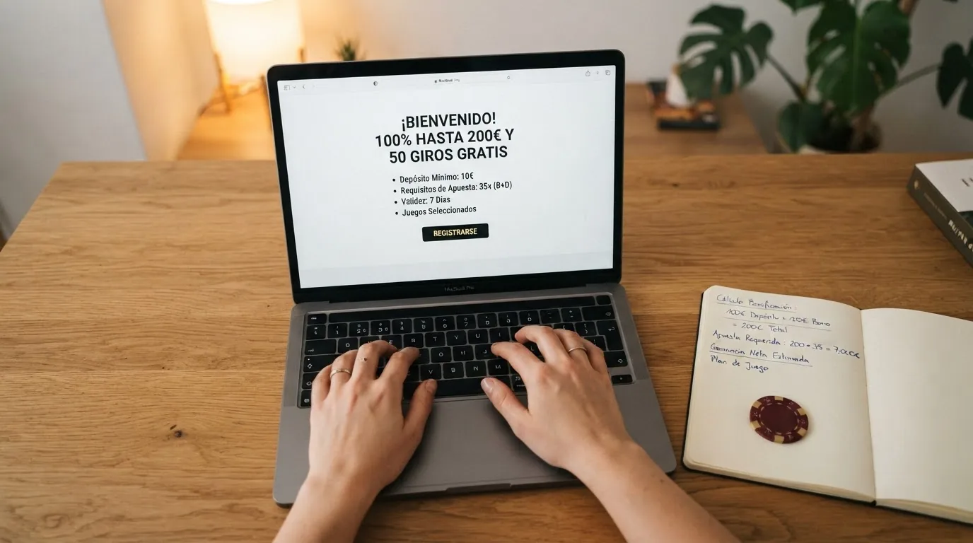 Un primer plano de unas manos sobre el teclado junto a una pantalla donde se leen los términos y condiciones de un bono de bienvenida
