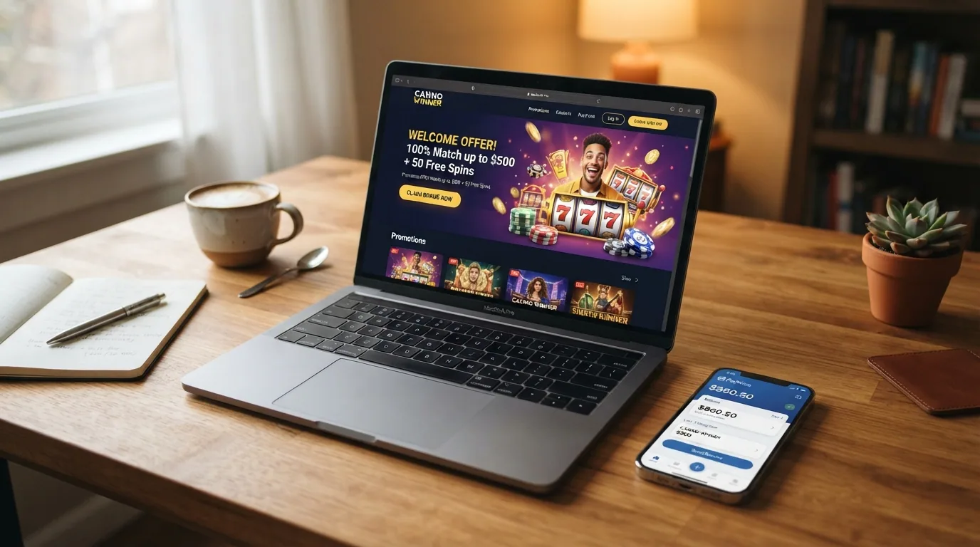 Pantalla de la sección de promociones de un casino online con una oferta de bono de bienvenida destacada y el selector de método de pago mostrando MuchBetter