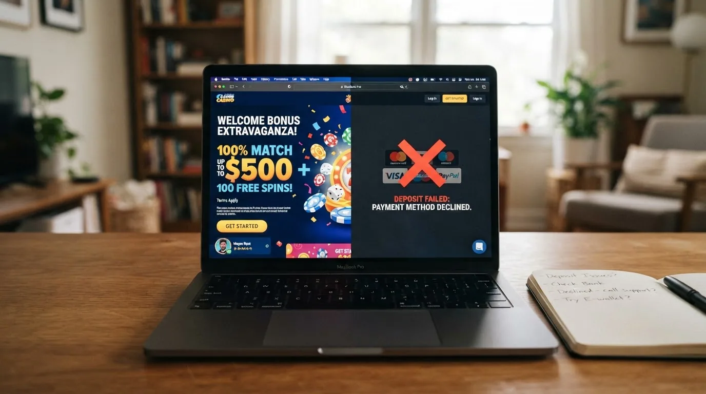 Pantalla dividida: a la izquierda la sección de promociones de un casino online con una oferta de bienvenida destacada; a la derecha el icono de PayPal tachado sobre el mismo fondo, indicando que ese método está excluido de la promoción