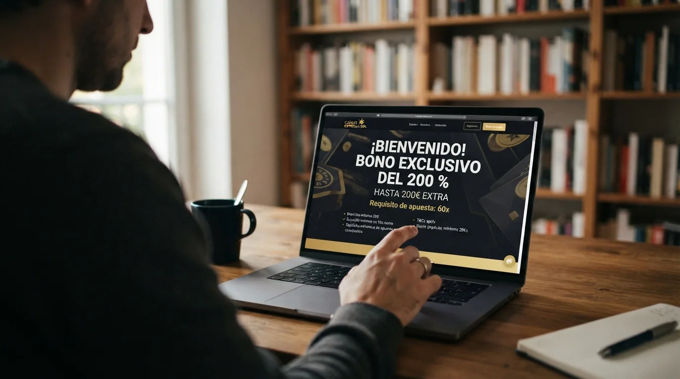 Un primer plano de una pantalla con las condiciones de un bono de casino, con el porcentaje de bonificación en grande y el requisito de apuesta subrayado en la letra pequeña