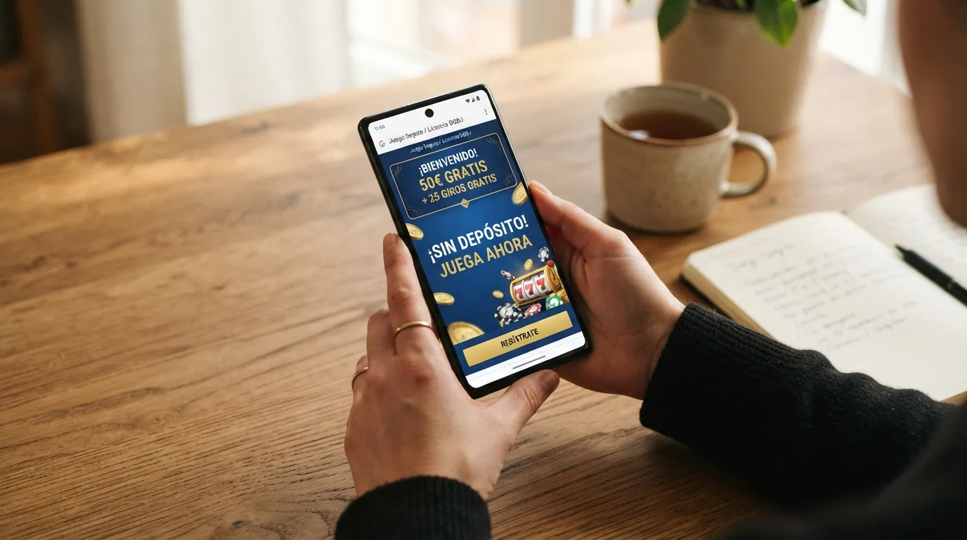 Pantalla de un casino online mostrando una promoción de bono sin depósito con sus condiciones desplegadas en letra pequeña