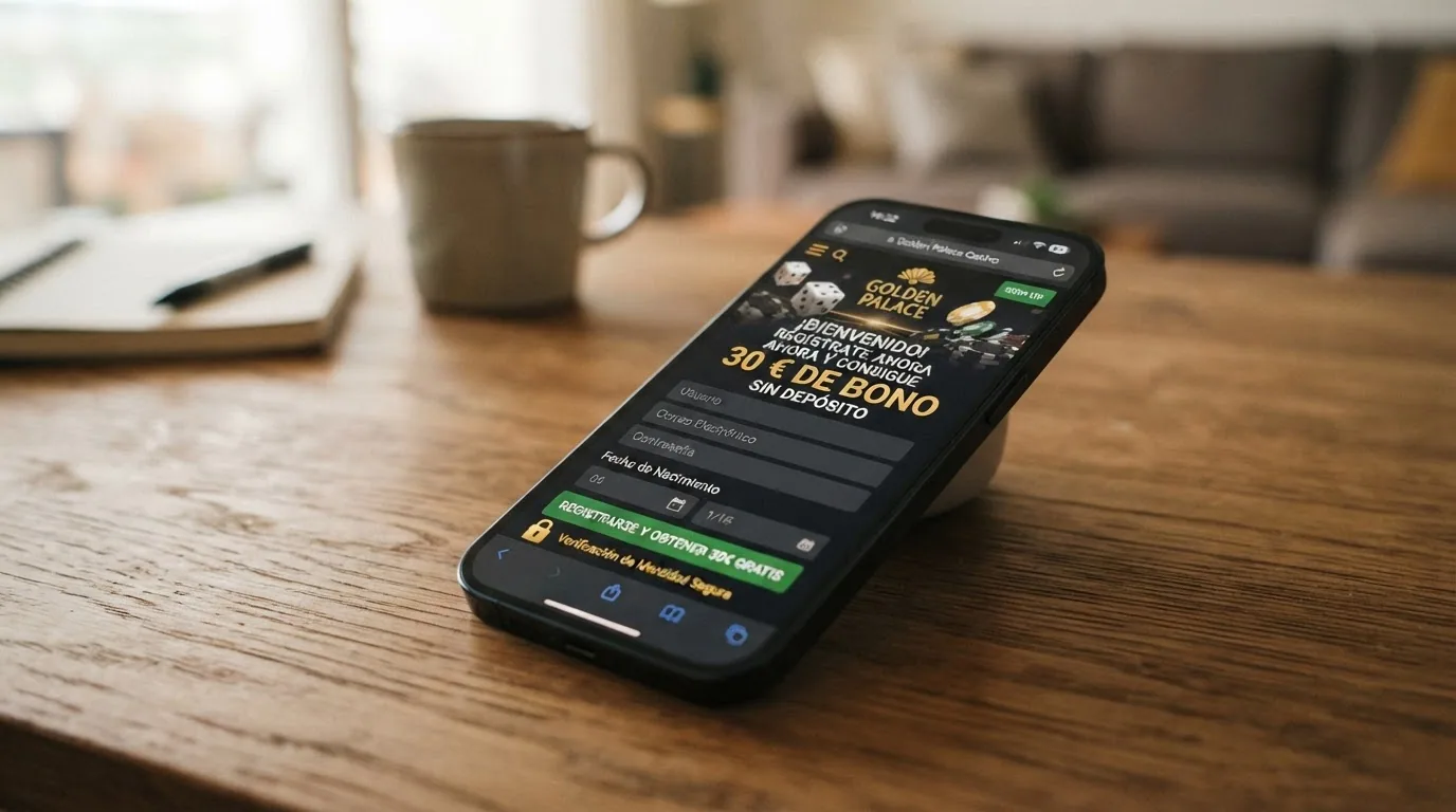 Pantalla de registro en un casino online con el mensaje «30 € de bono sin depósito» y el candado de verificación de identidad junto al botón de alta