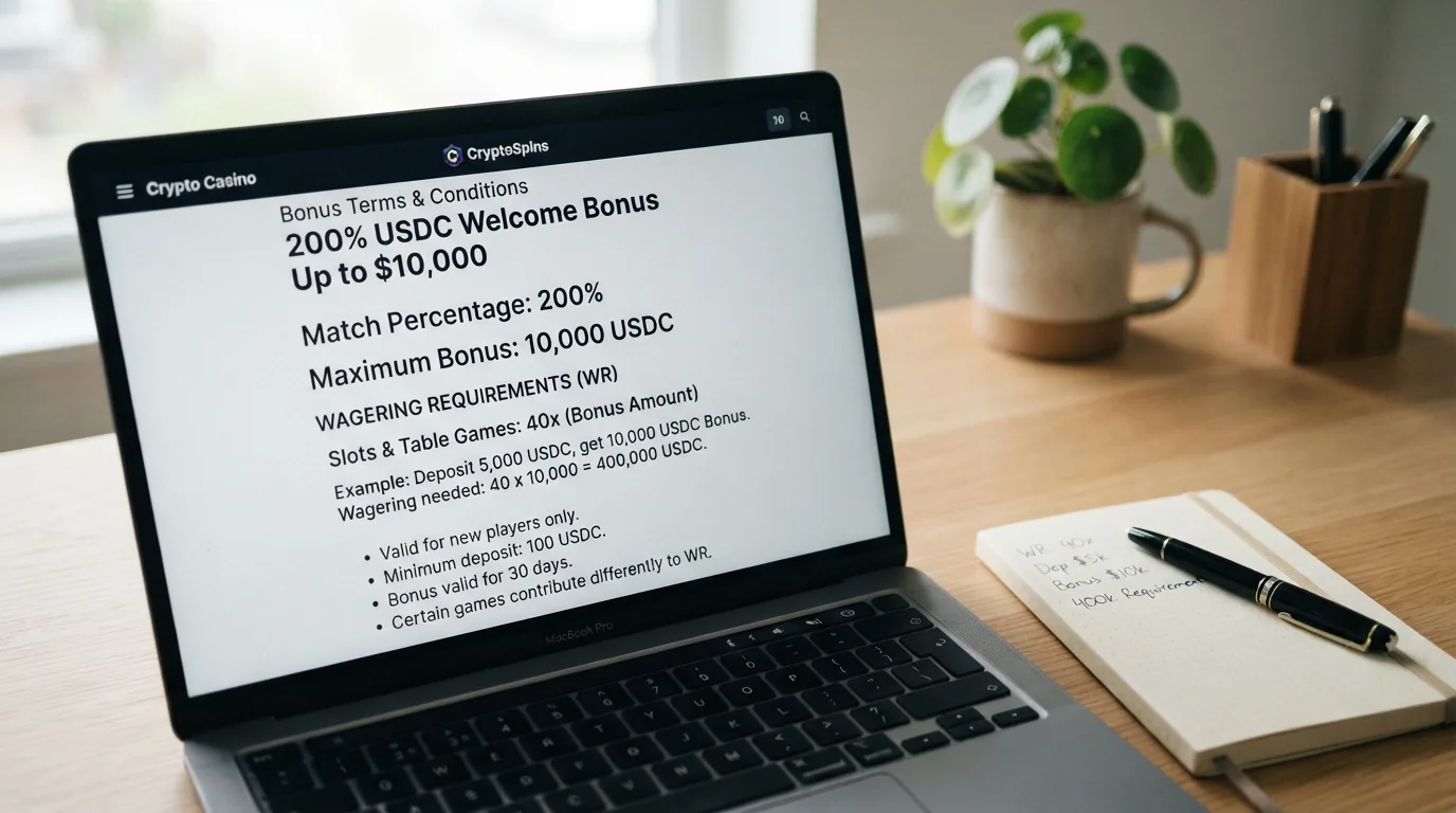 Primer plano de una pantalla con los términos de un bono de bienvenida: porcentaje, importe máximo, requisito de apuesta y plazo de validez resaltados