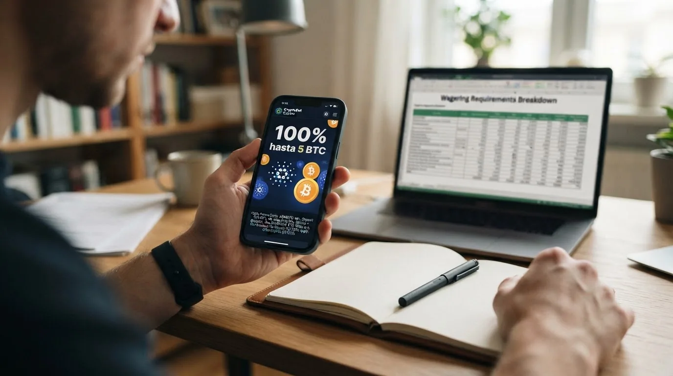 Pantalla promocional de un bono de bienvenida en un casino online con el símbolo de Cardano y los términos en letra pequeña