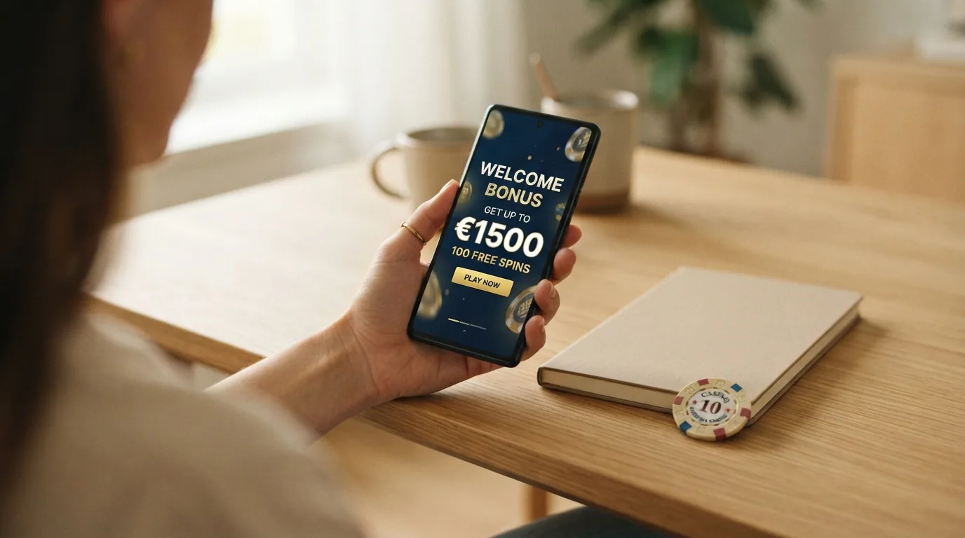 Pantalla de promoción de bono de bienvenida en un casino online español con las condiciones de rollover visibles