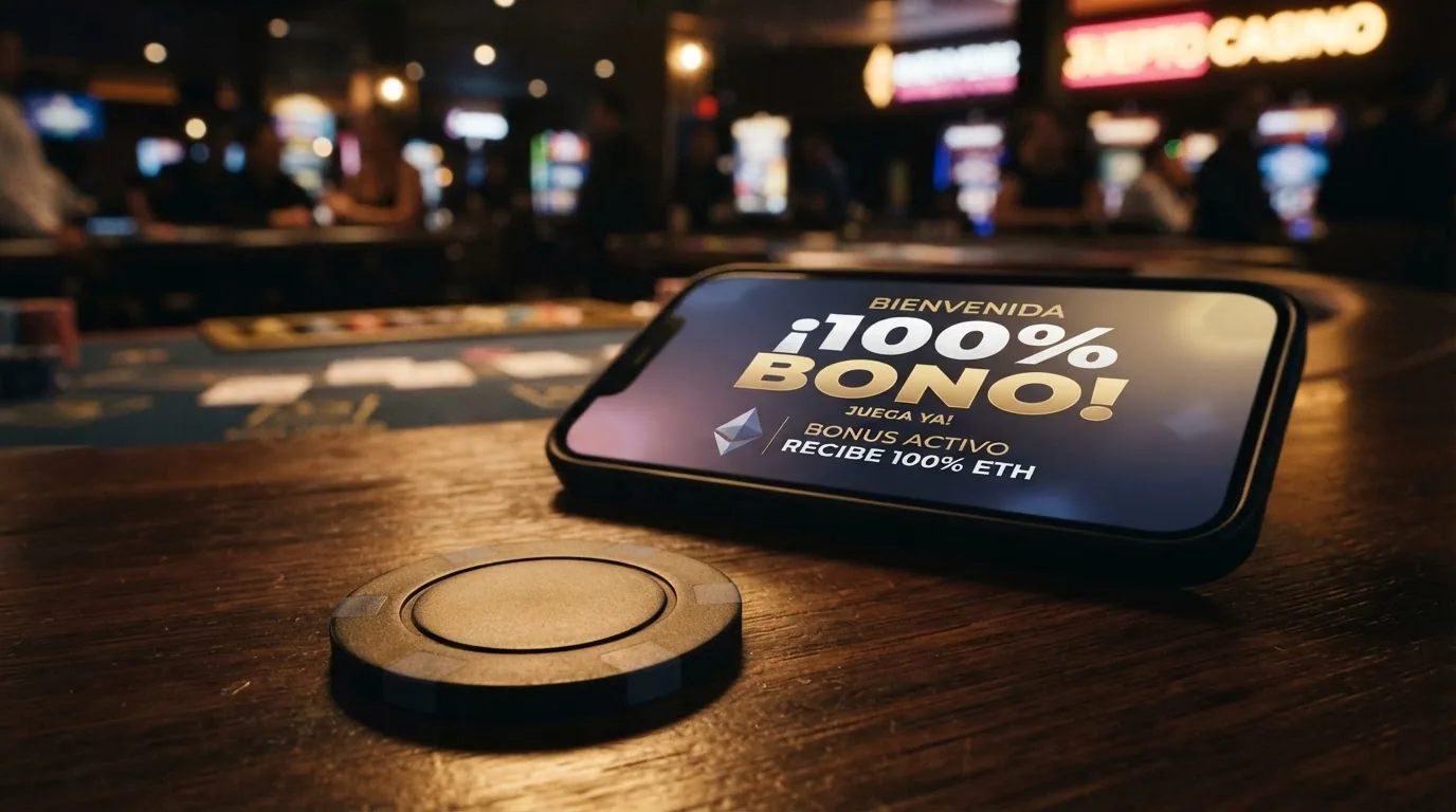 Un primer plano de una ficha de casino con el símbolo de Ethereum superpuesto y un texto de términos y condiciones al fondo