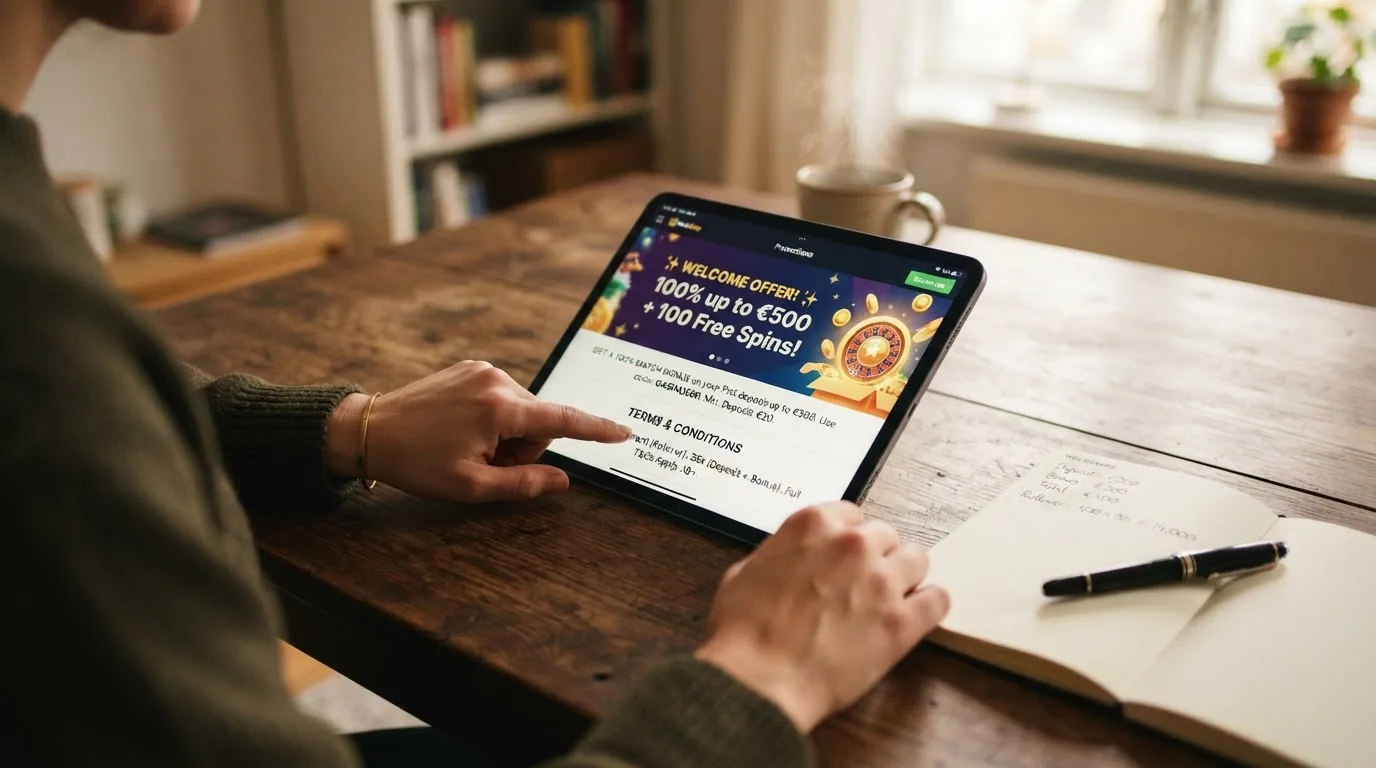 Pantalla de la sección de promociones de un casino online español mostrando el banner de un bono de bienvenida con el porcentaje, el importe máximo y un enlace a los términos y condiciones