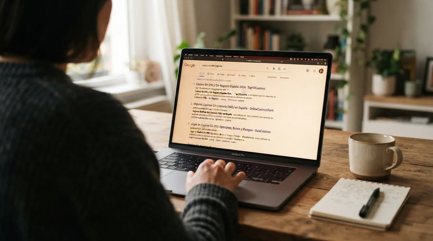 Captura de pantalla de un buscador con resultados para «casino sin DNI España» donde los primeros enlaces no corresponden a operadores con dominio .es