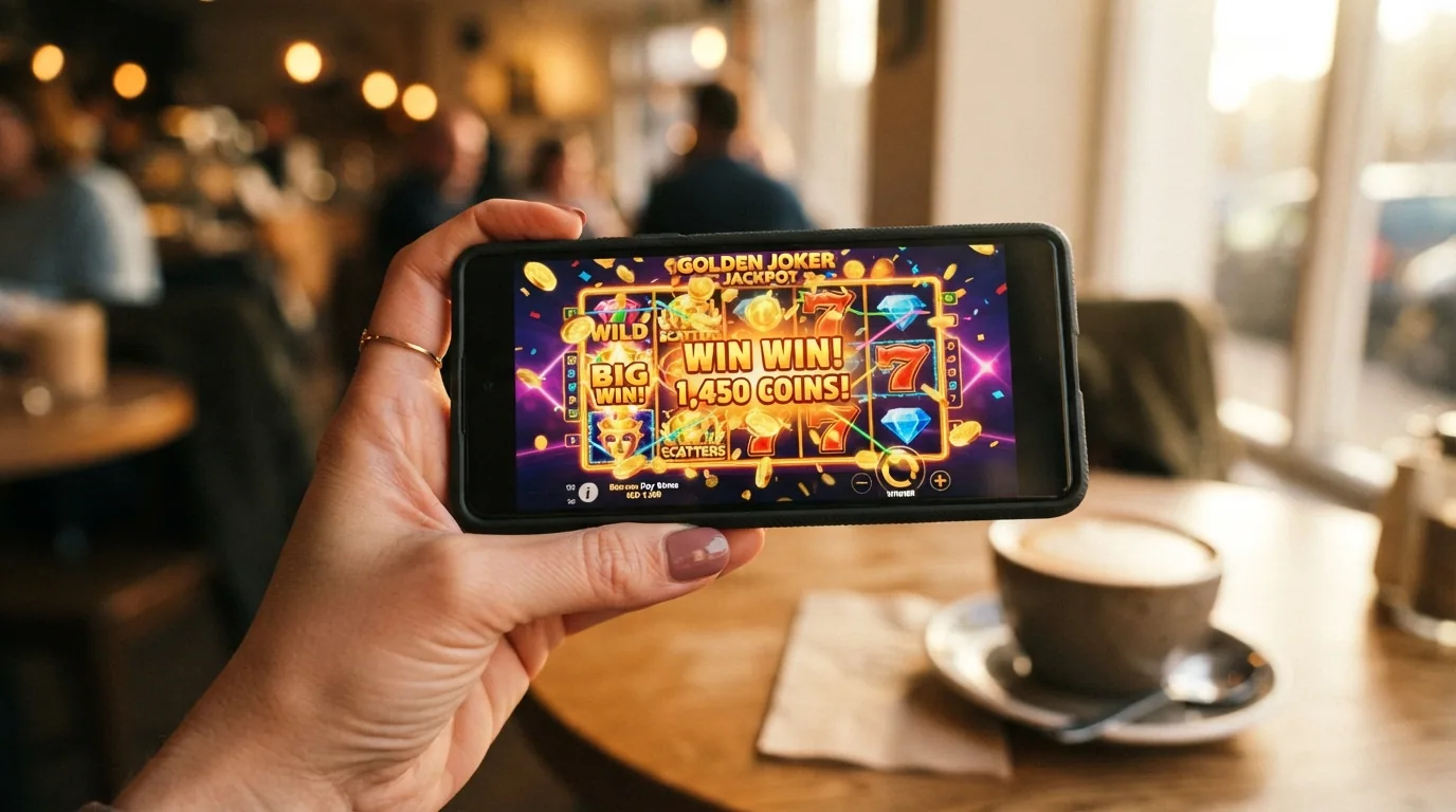 Una mano sosteniendo un teléfono móvil en horizontal con una tragaperras de casino a pantalla completa, sobre un fondo de cafetería con luz natural