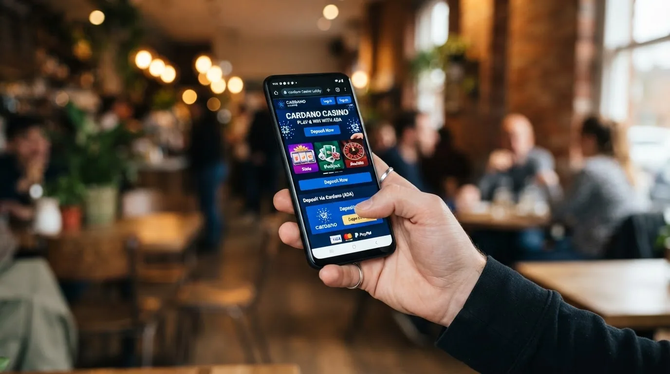 Mano sosteniendo un teléfono con la pantalla de un casino online que muestra el logo de Cardano entre las opciones de pago