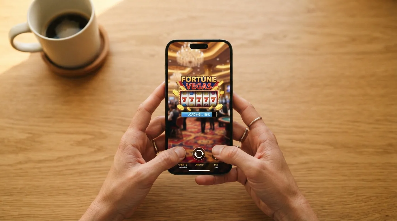 Un teléfono mostrando un casino online abierto en el navegador, con una partida de slot en curso y una notificación de depósito en DOGE en la parte superior