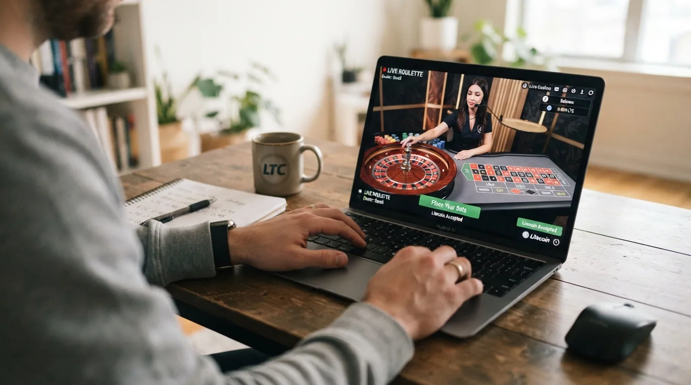Crupier real en una mesa de ruleta en vivo con la interfaz del casino mostrando el saldo en su equivalente en euros