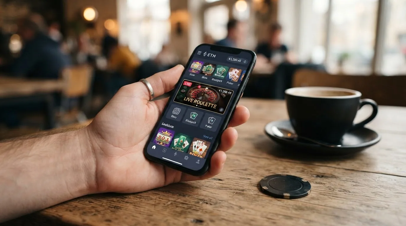 Una mano sosteniendo un teléfono móvil con la interfaz de un casino Ethereum abierta y el logo de MetaMask en una notificación de transacción