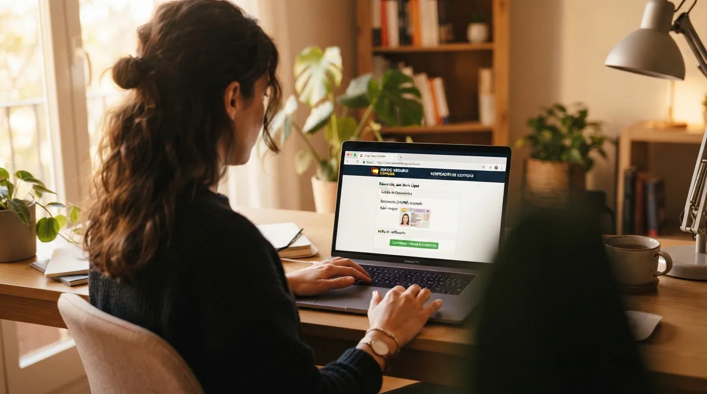 Un jugador completando el proceso de verificación de identidad en la pantalla de un ordenador, con un candado verde visible junto a la URL .es del operador