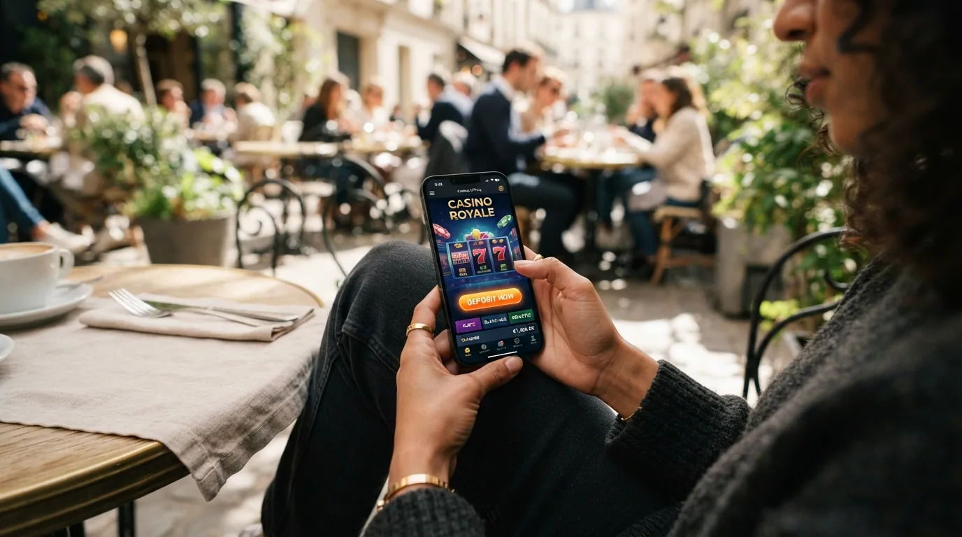 Un iPhone con la app de un casino español abierta y el botón de pago con Apple Pay visible en la pantalla