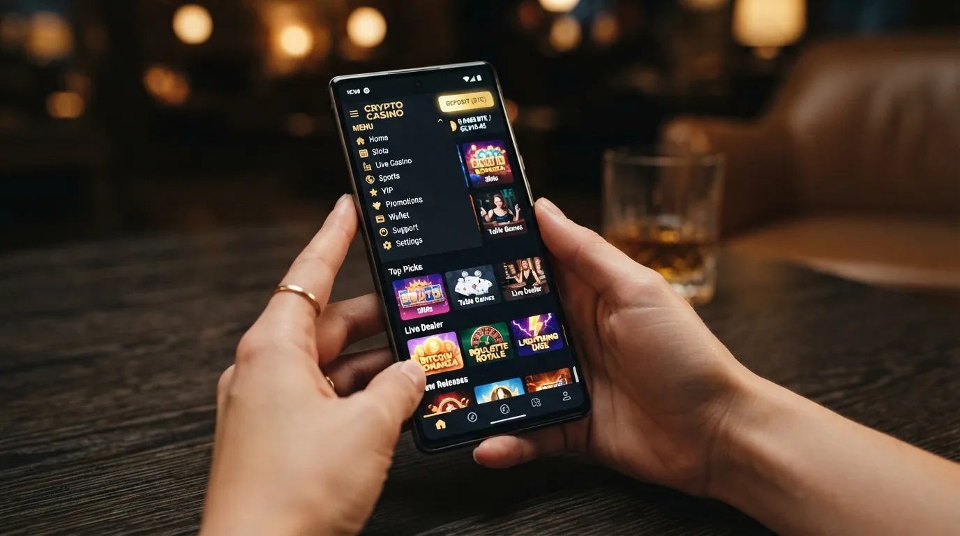 Teléfono móvil en orientación vertical mostrando la versión adaptada de un casino BCH con el menú de navegación desplegado y la sección de depósito en criptomonedas abierta