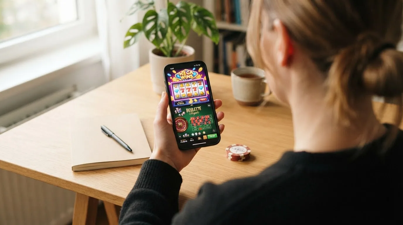 Teléfono móvil mostrando la interfaz adaptada de un casino online español con varios juegos disponibles en pantalla