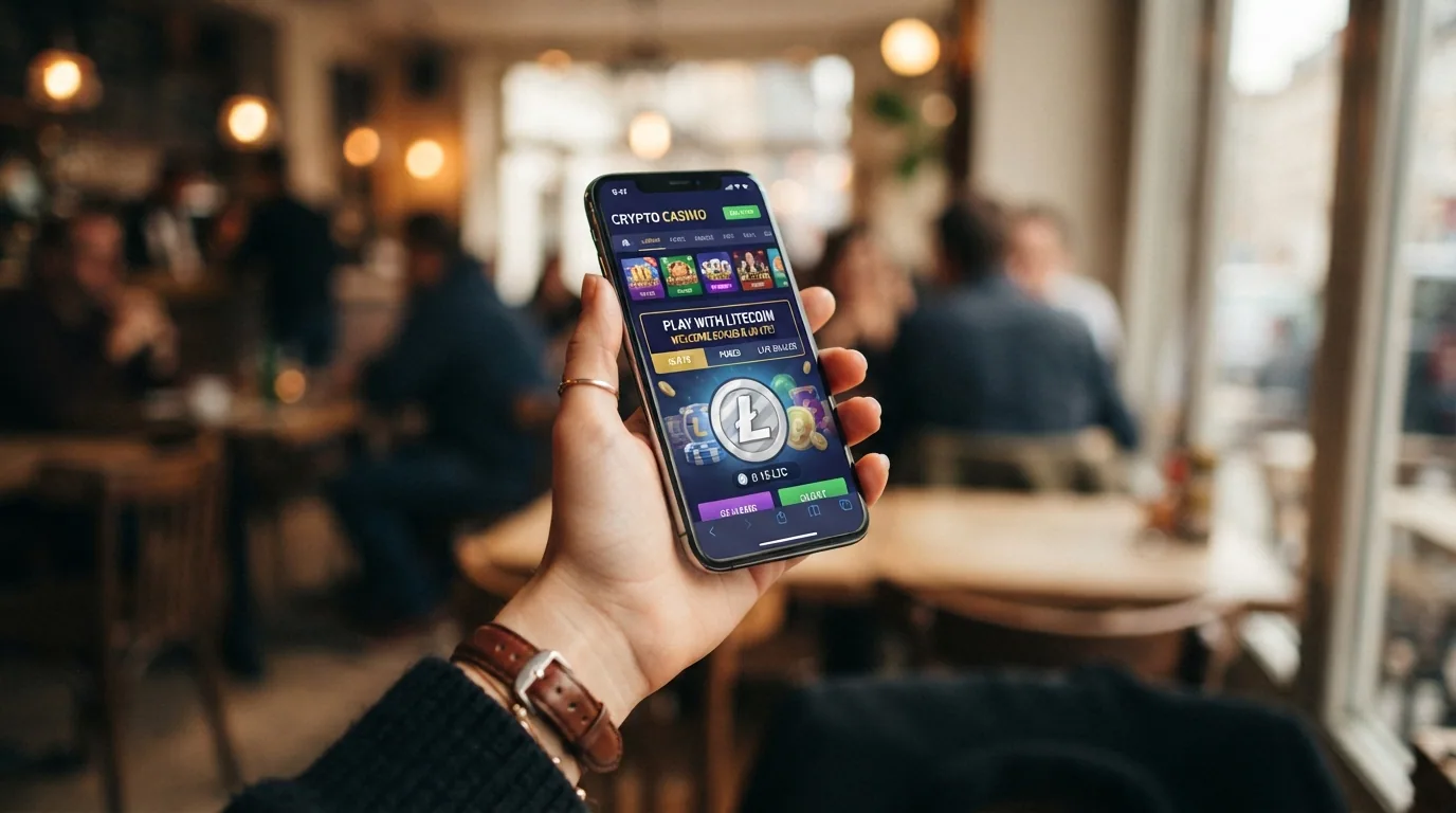 Mano que sostiene un teléfono móvil con la interfaz de un casino online y el logotipo de Litecoin visible en la pantalla