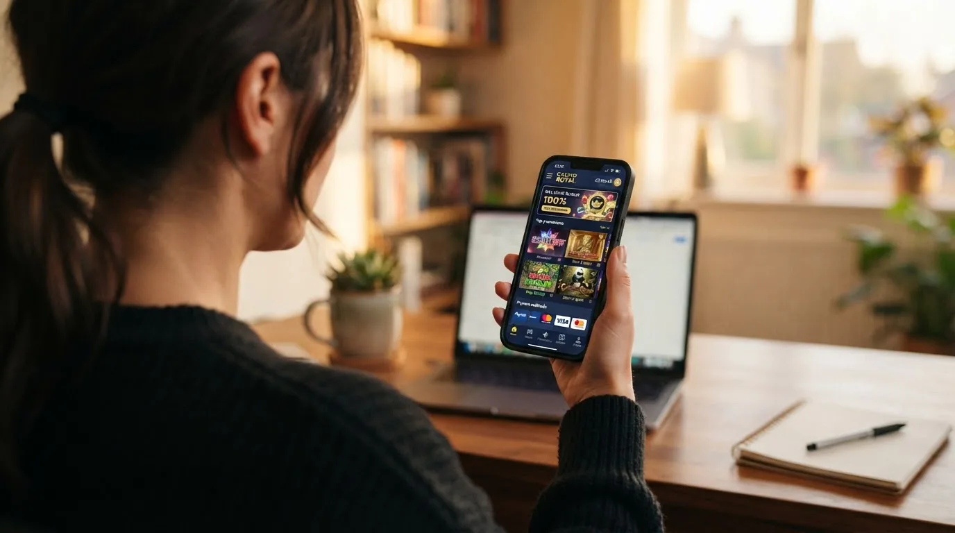 Mano sujetando un teléfono móvil en vertical con la pantalla de inicio de la app de un casino online español, mostrando miniaturas de tragaperras y el icono de PayPal en la barra inferior de métodos de pago