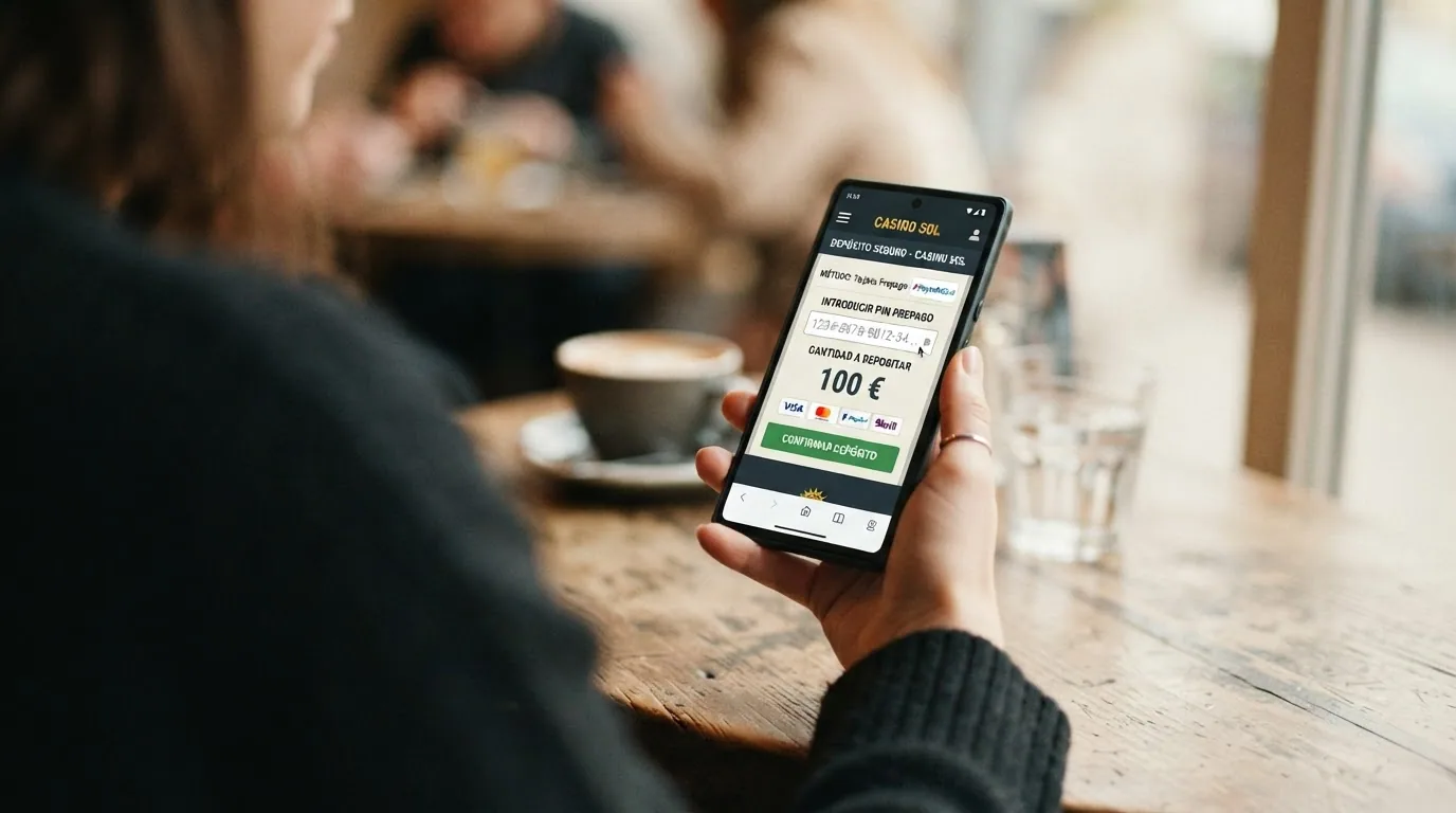 Teléfono móvil mostrando la pantalla de depósito de un casino online con el logo de Paysafecard seleccionado entre los métodos de pago