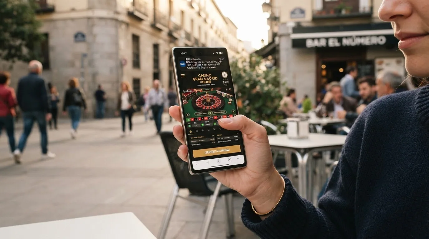 Mano sosteniendo un telefono movil en orientacion vertical con la web de un casino DGOJ abierta y una notificacion flotante de la app de Revolut confirmando un deposito