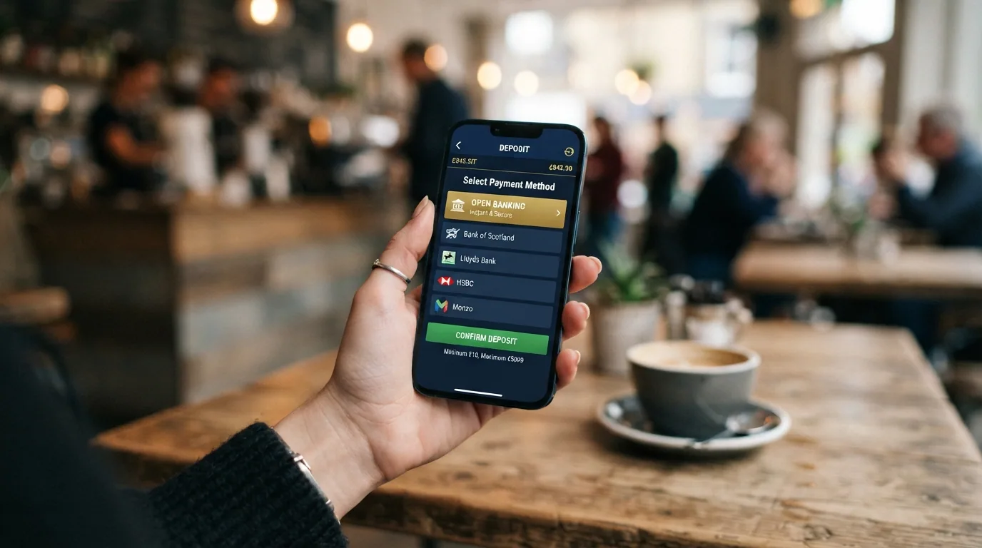 Mano sujetando un móvil en vertical con un casino online abierto, mostrando la pantalla de depósito con Trustly como opción seleccionada