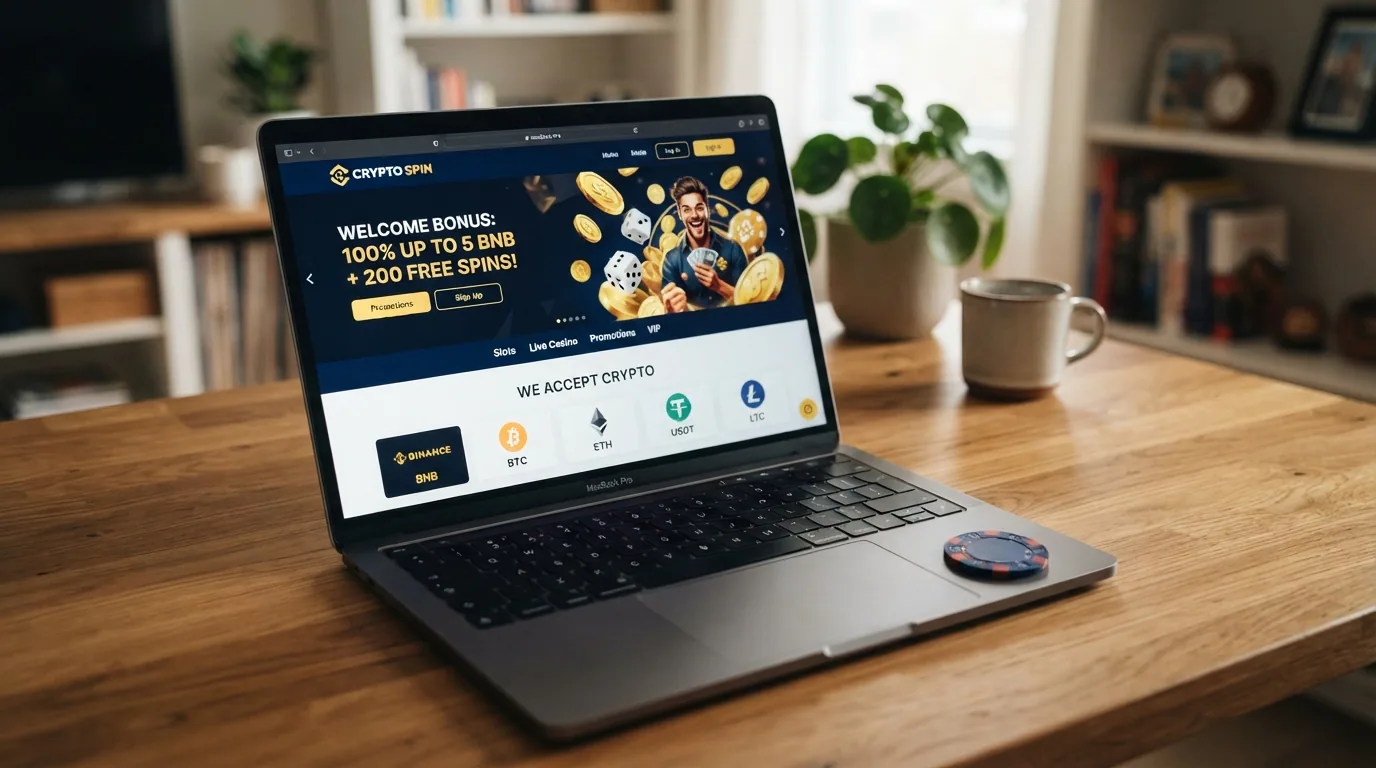 Página de inicio de un casino online de lanzamiento reciente con un banner de bono de bienvenida y los logotipos de las criptomonedas aceptadas