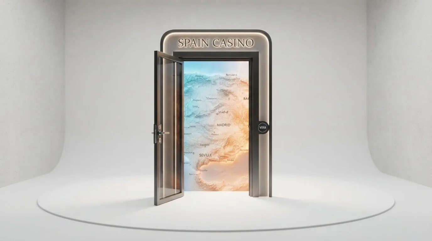 Ilustración conceptual: una puerta de casino digital abriéndose sobre el mapa de España, con el logotipo de PayPal visible en la entrada