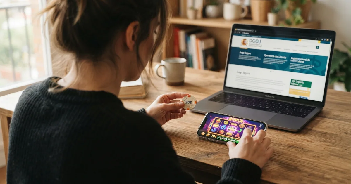 Jugador consultando el móvil frente a una pantalla con el registro de casinos online, billete de 20 euros junto al teclado