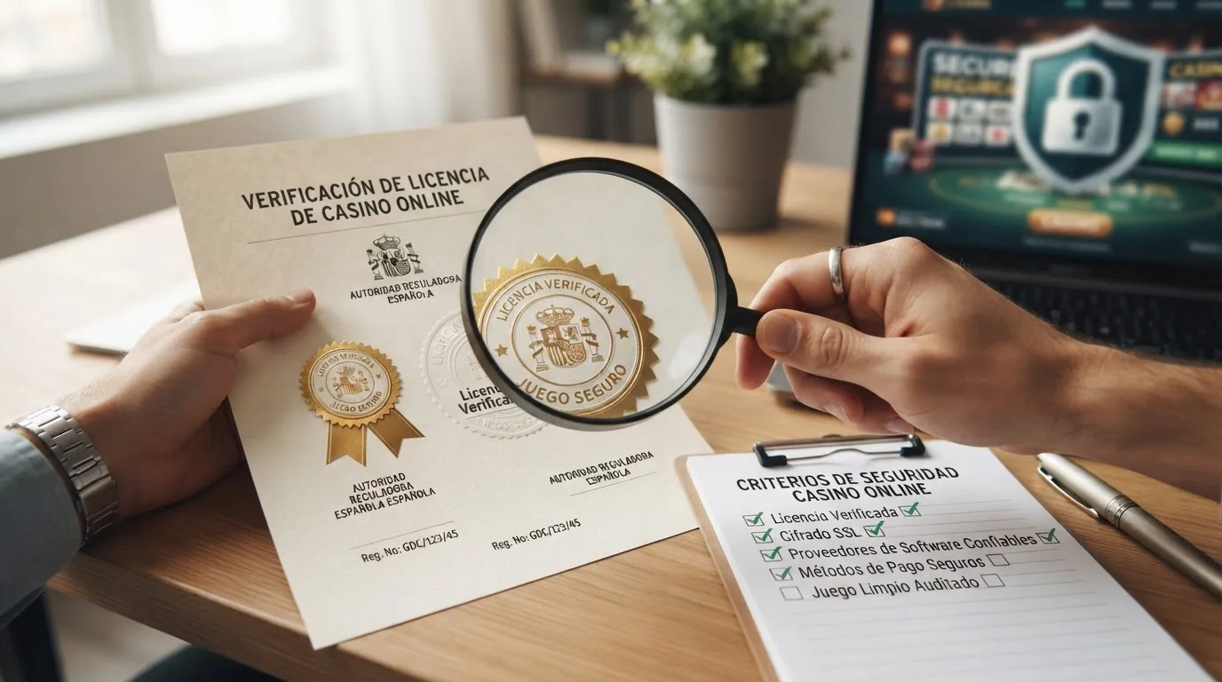 Un candado abierto junto a una lupa examinando el sello de licencia de un casino online, con una lista de verificación parcialmente marcada al lado