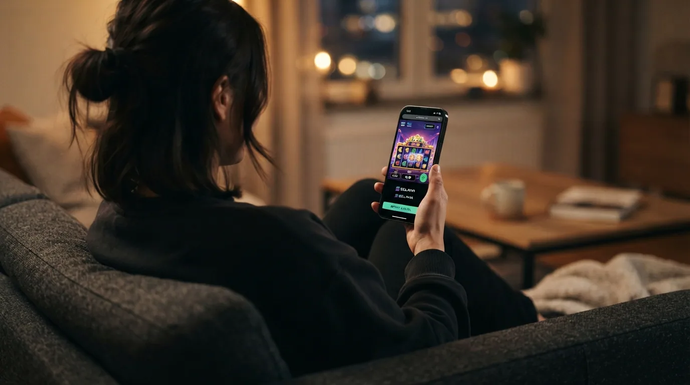 Mano sosteniendo un teléfono móvil con la interfaz de un casino online abierta en el navegador