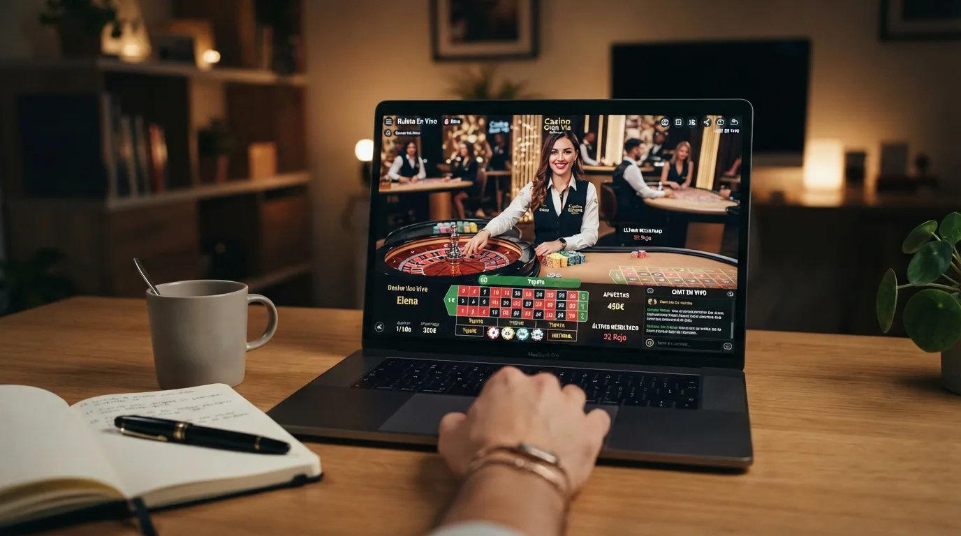 Mesa de ruleta en vivo con un crupier real visible en pantalla y la interfaz de apuestas del casino superpuesta, desde la perspectiva de un jugador en su ordenador o móvil