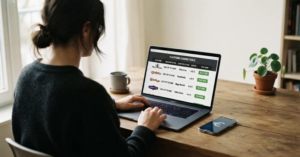 Un jugador consulta una tabla comparativa de casinos online en la pantalla de un ordenador portátil, junto a un móvil que muestra el saldo de una cuenta de casino con 10 euros