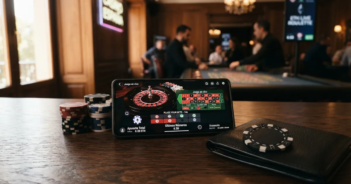 Un monedero de criptomonedas junto a una pantalla con la interfaz de un casino online que muestra fichas de Ethereum y una ruleta en vivo