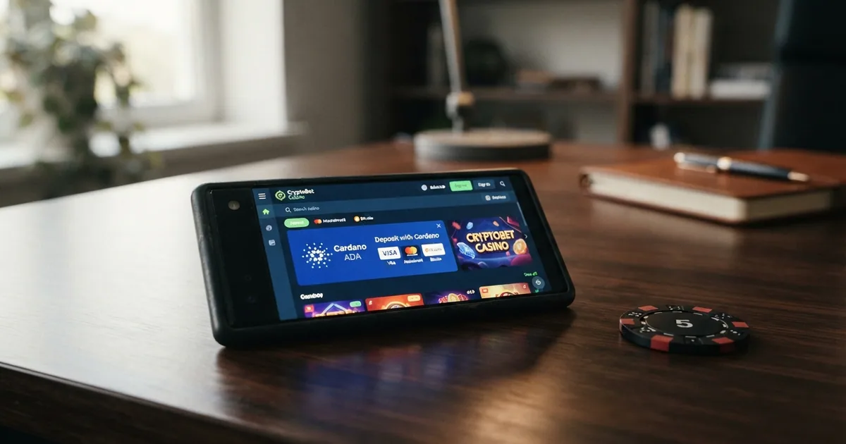 Captura de pantalla de un casino online con el logotipo de Cardano (ADA) visible entre las opciones de depósito