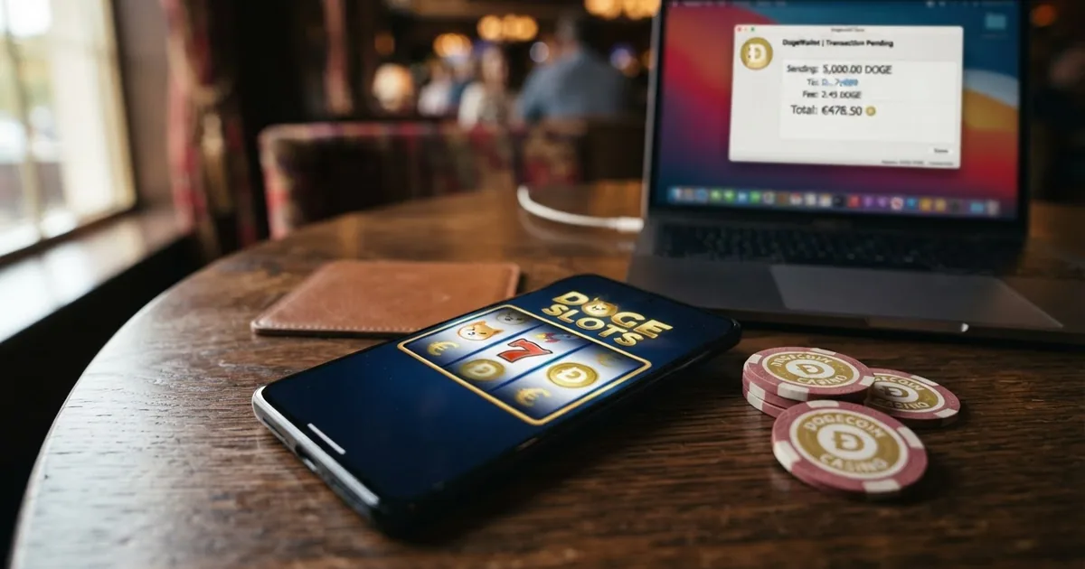 Un montón de monedas Dogecoin sobre una mesa de casino online con una pantalla de slot y una wallet de criptomonedas abierta en segundo plano