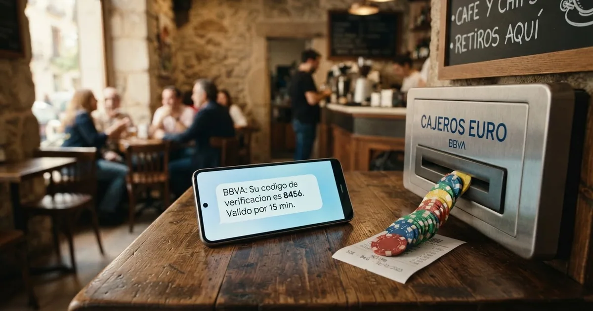 Un teléfono móvil mostrando un código SMS de 4 dígitos en la pantalla junto a un cajero automático del que salen billetes de euro