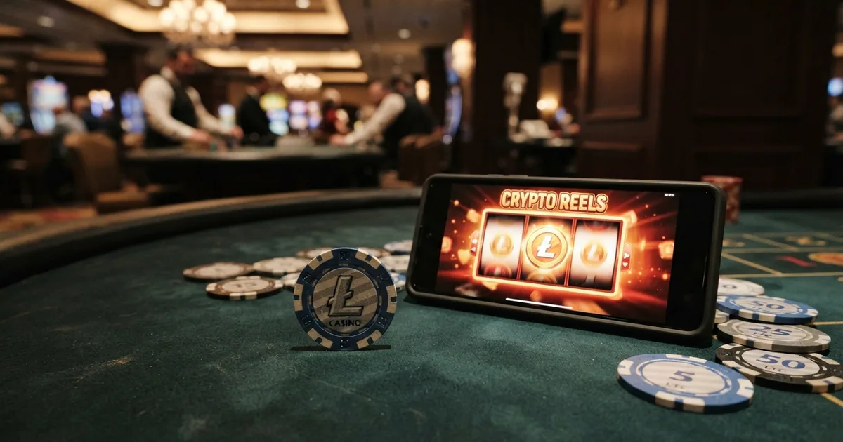 Moneda de Litecoin sobre un tapete de casino online con fichas y una pantalla que muestra una tragaperras en funcionamiento