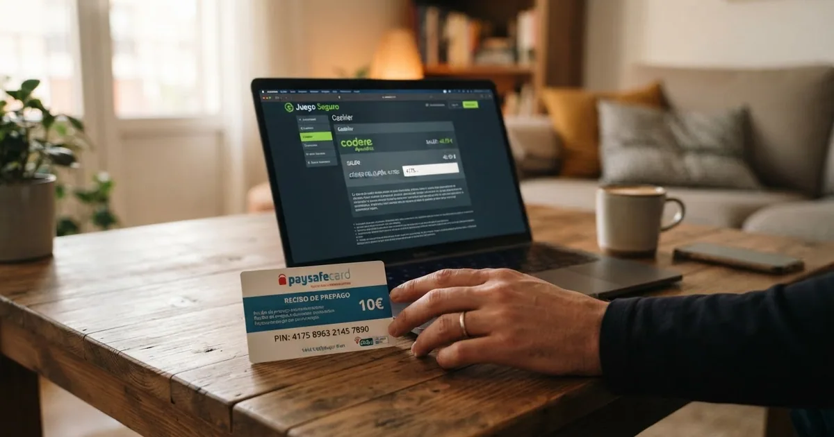 Cupón físico de Neosurf junto a la pantalla de un ordenador mostrando un casino online español con el saldo disponible en euros