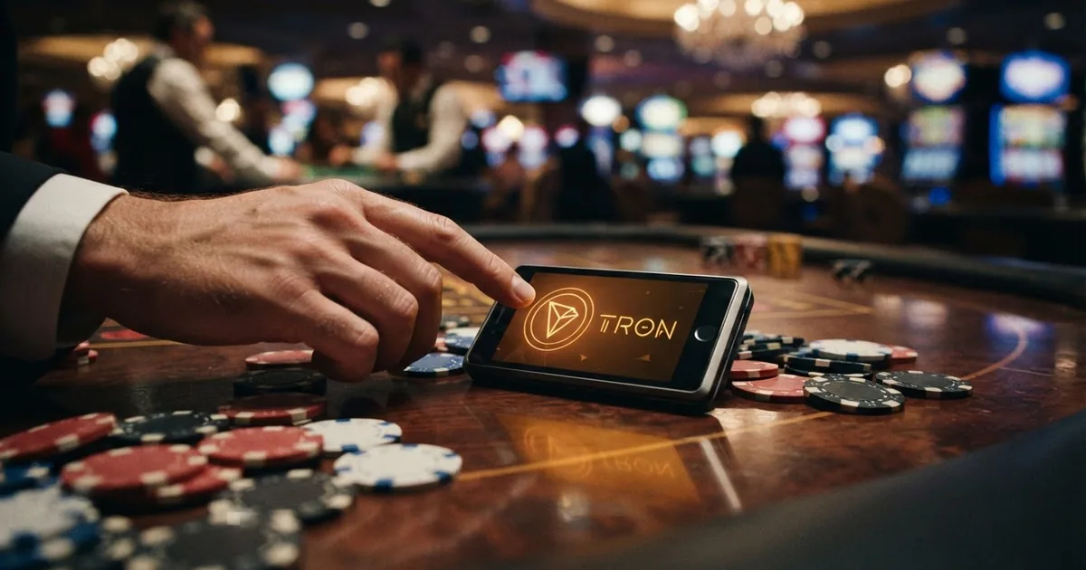 Cartera digital con fichas de casino y el logotipo de TRON sobre una mesa de juego